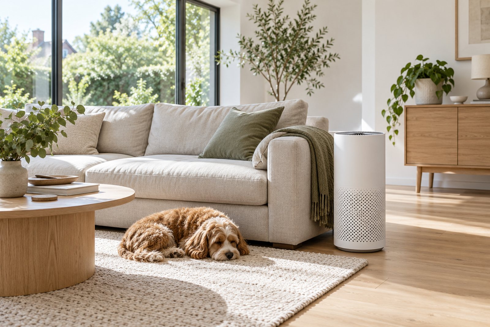 A white tower air purifier beside a sofa in a bright living room