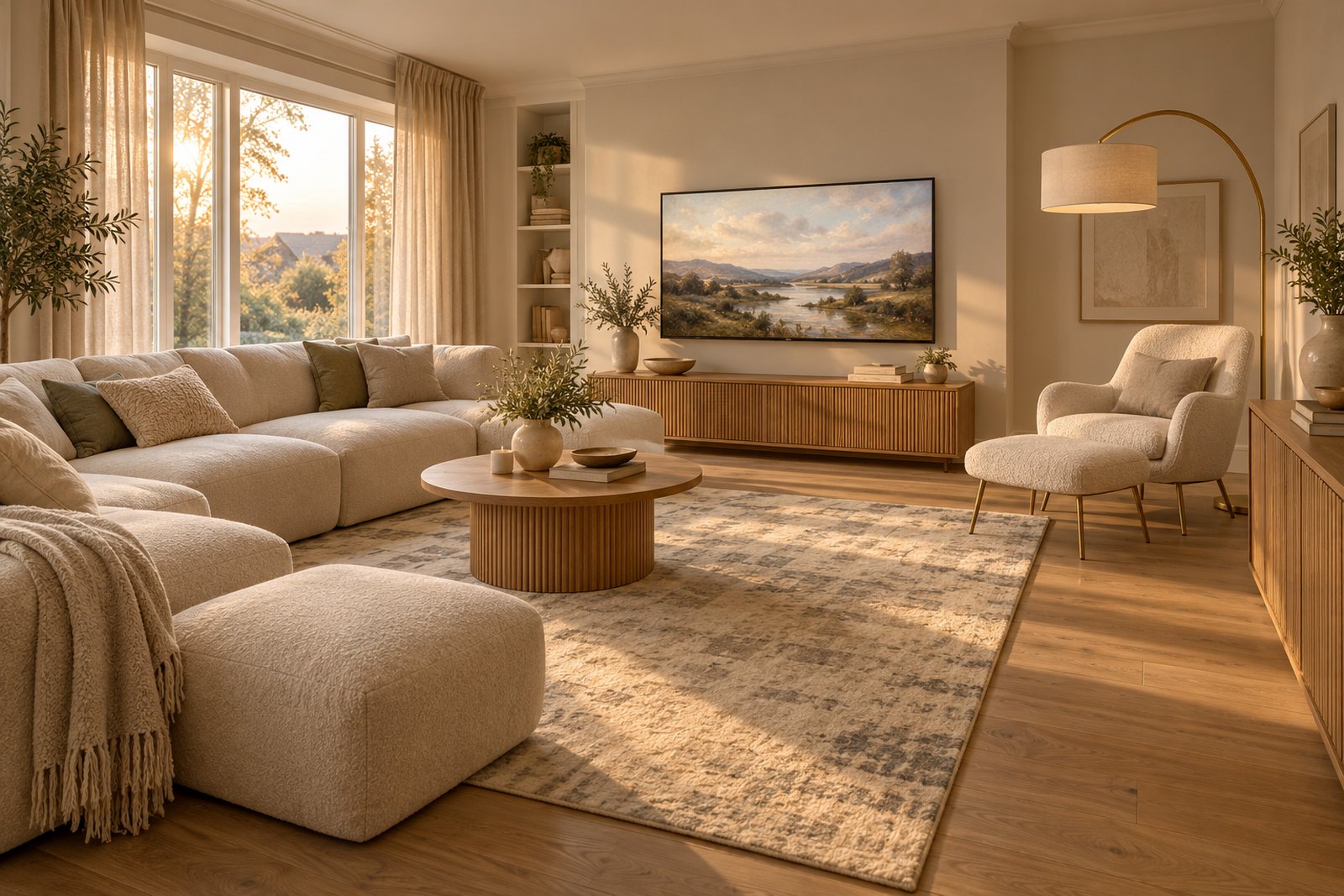 A sunlit neutral living room with a cream modular cloud sofa, a fluted oak coffee table, a large beige rug, an art TV above a slatted oak unit and a boucle armchair under a gold arc lamp