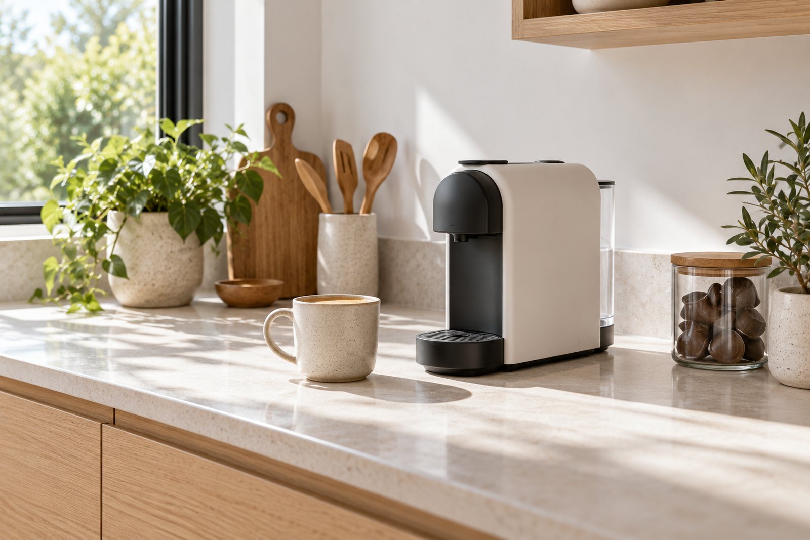 A pod coffee machine on a kitchen worktop with a fresh cup of coffee