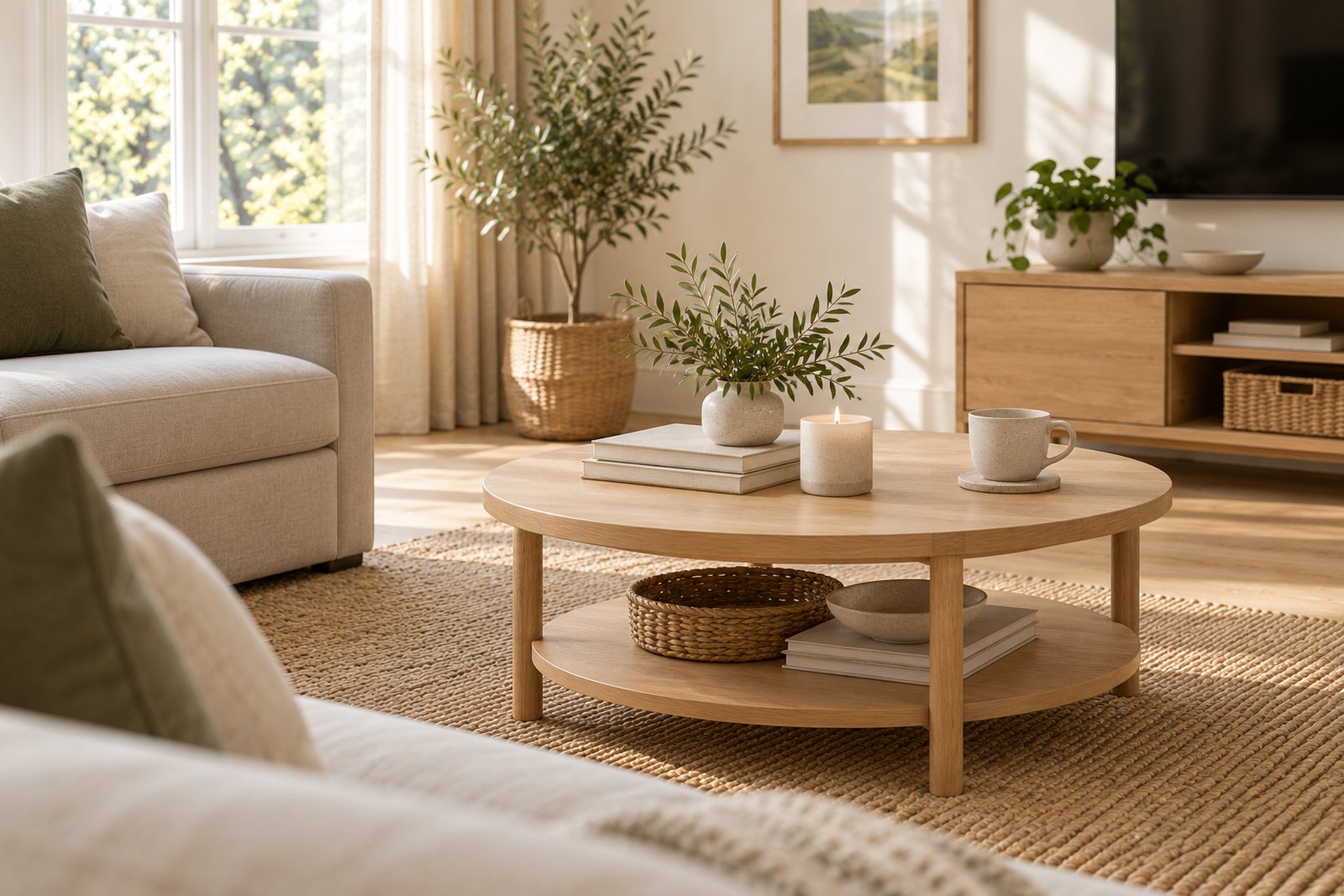 A round oak coffee table with books, a candle and a mug on a rug in front of a linen sofa