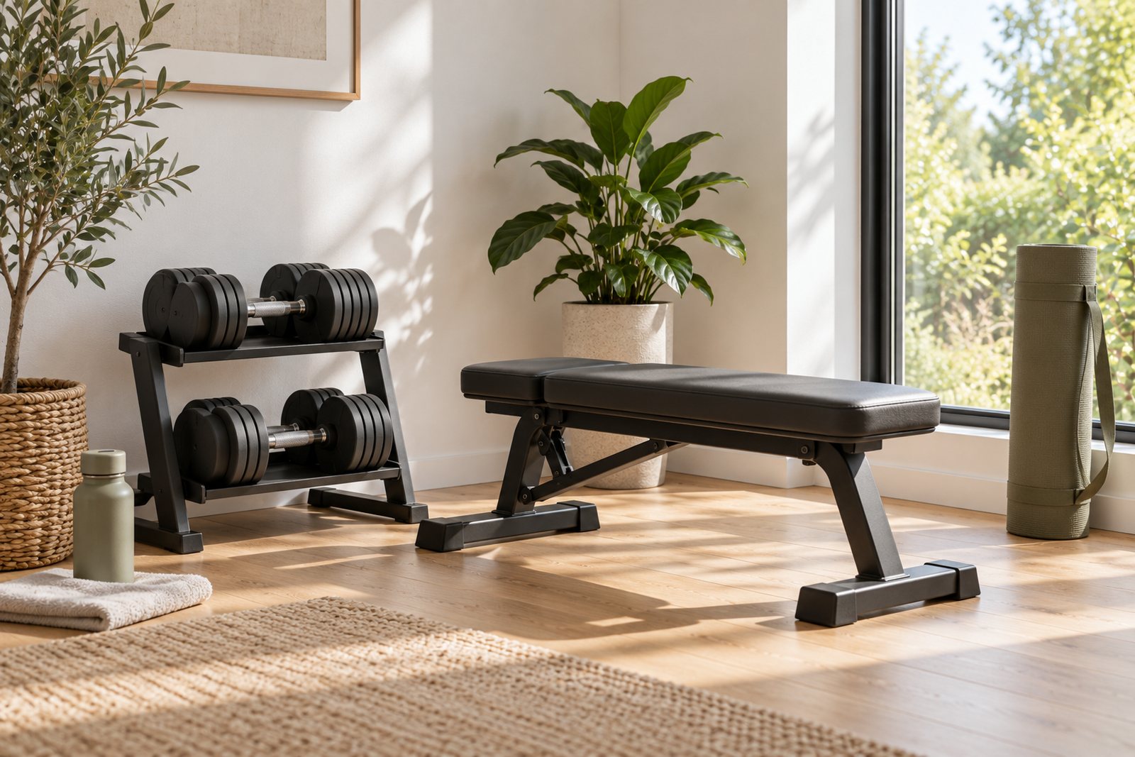A home gym corner with adjustable dumbbells, a bench and a yoga mat