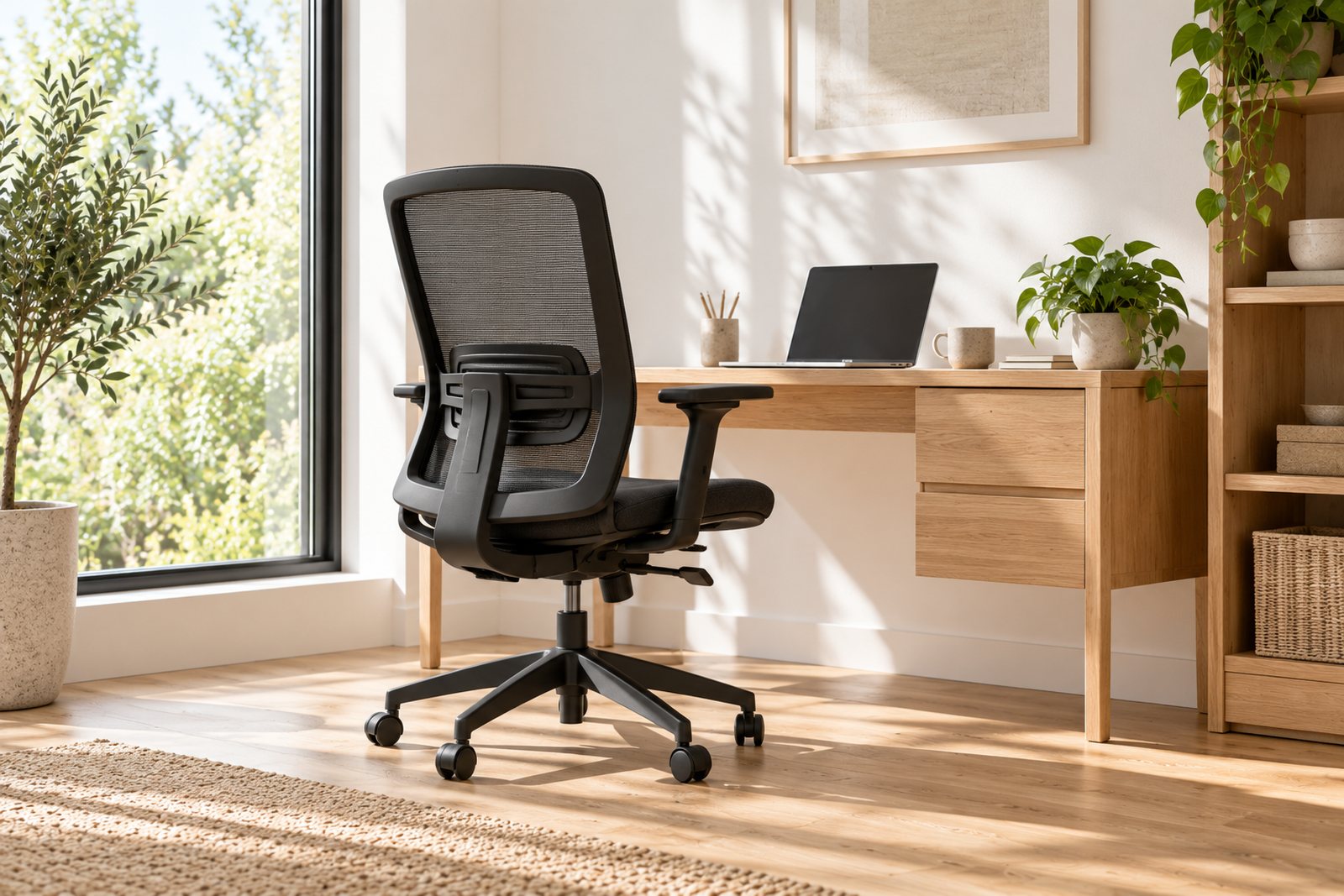 A mesh ergonomic office chair at a desk in a home office