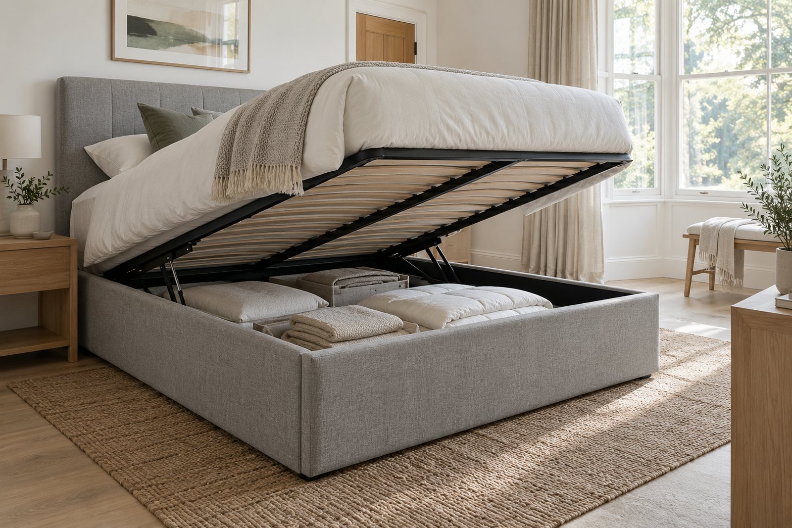 A grey upholstered ottoman bed with its storage base lifted in a calm bedroom