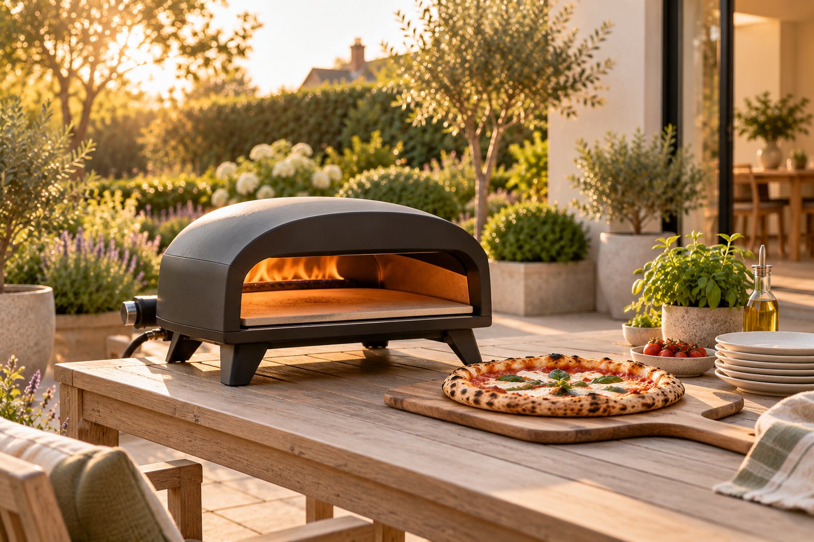 A gas pizza oven on an outdoor table with a fresh pizza