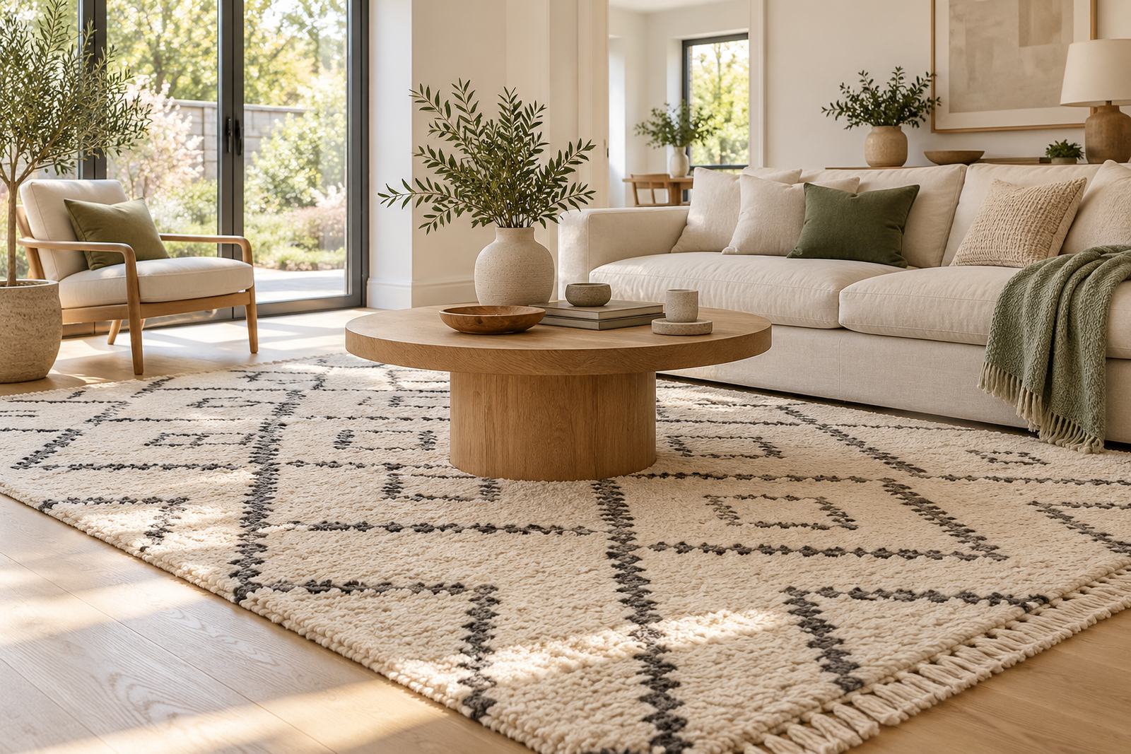 A large Moroccan style rug under a coffee table in a living room