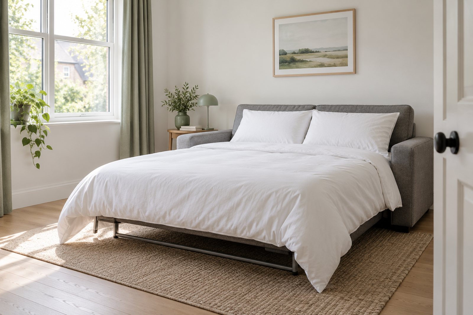 A two seater sofa bed made up for a guest in a spare room