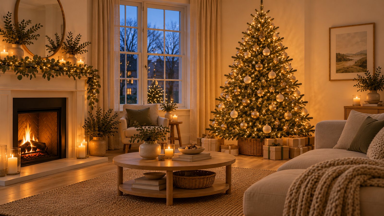 A festive living room with a lit Christmas tree and a fireplace