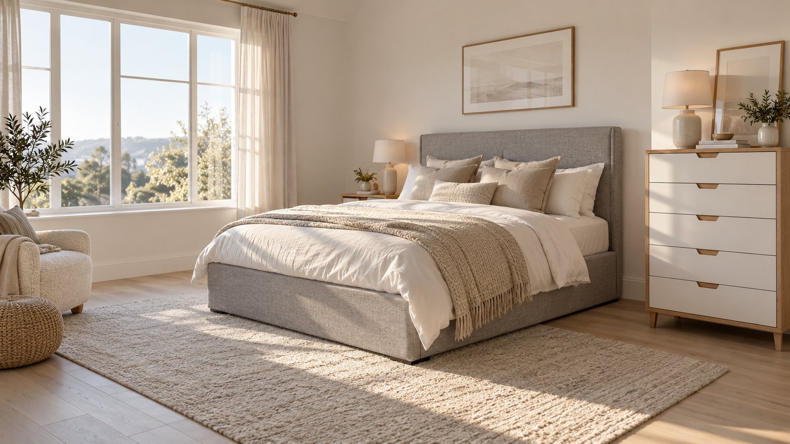 A bright bedroom with an ottoman bed and a chest of drawers