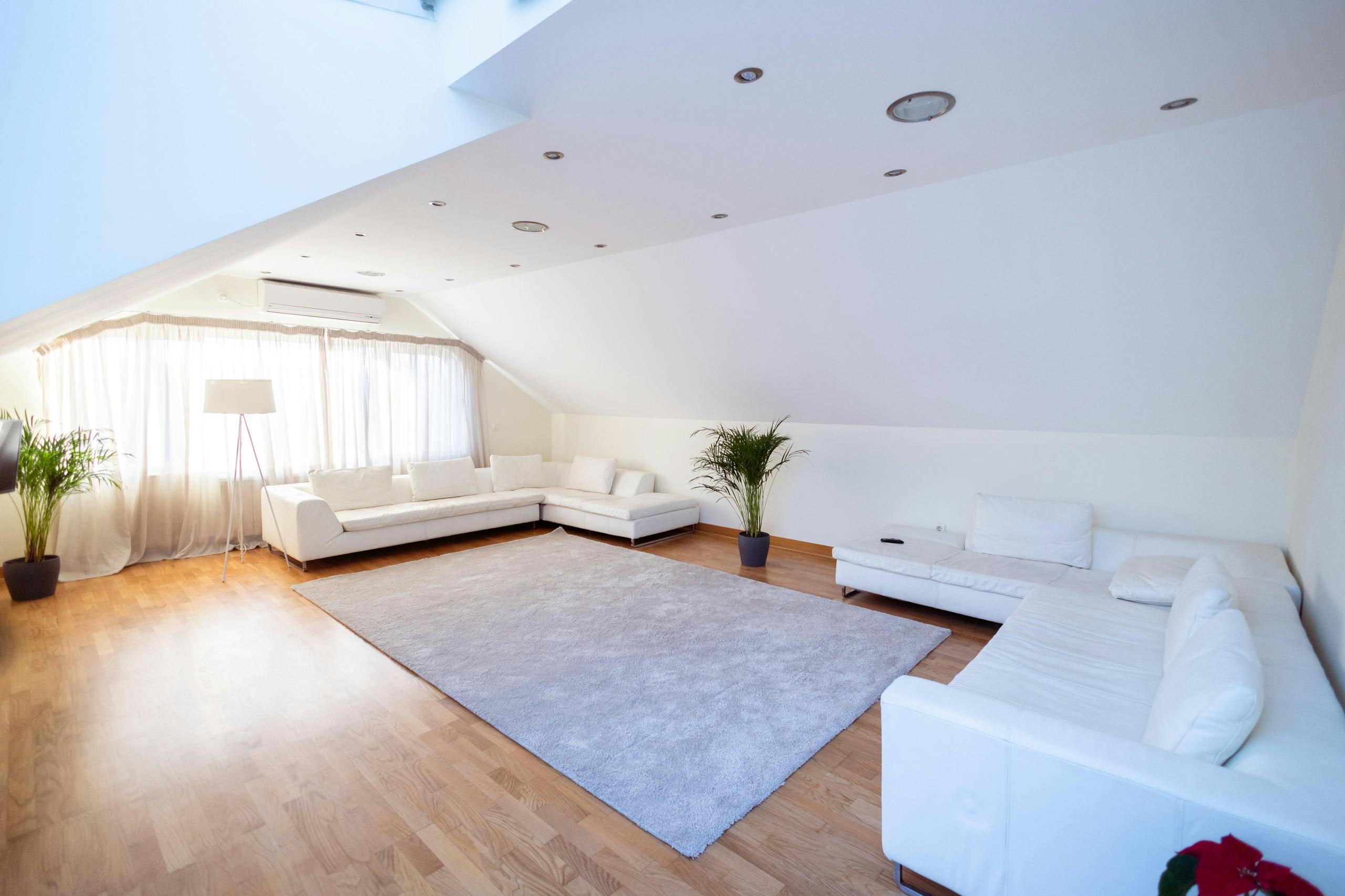 Bright and airy modern living room with white sofas, plants, and wooden flooring.