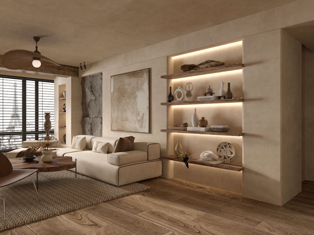 Elegant minimalist living room with a luxurious interior design overlooking the Eiffel Tower, featuring modern decor and warm lighting.
