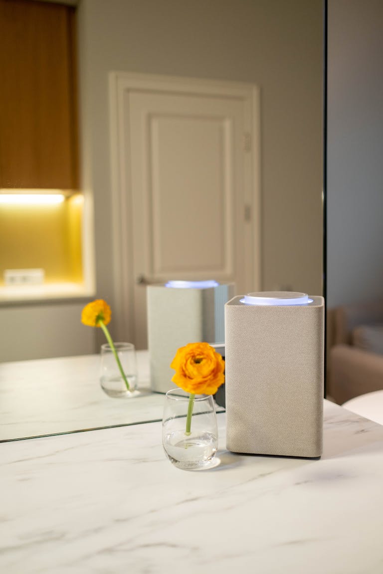 Stylish interior featuring a speaker and an orange flower in a glass vase on a marble surface.