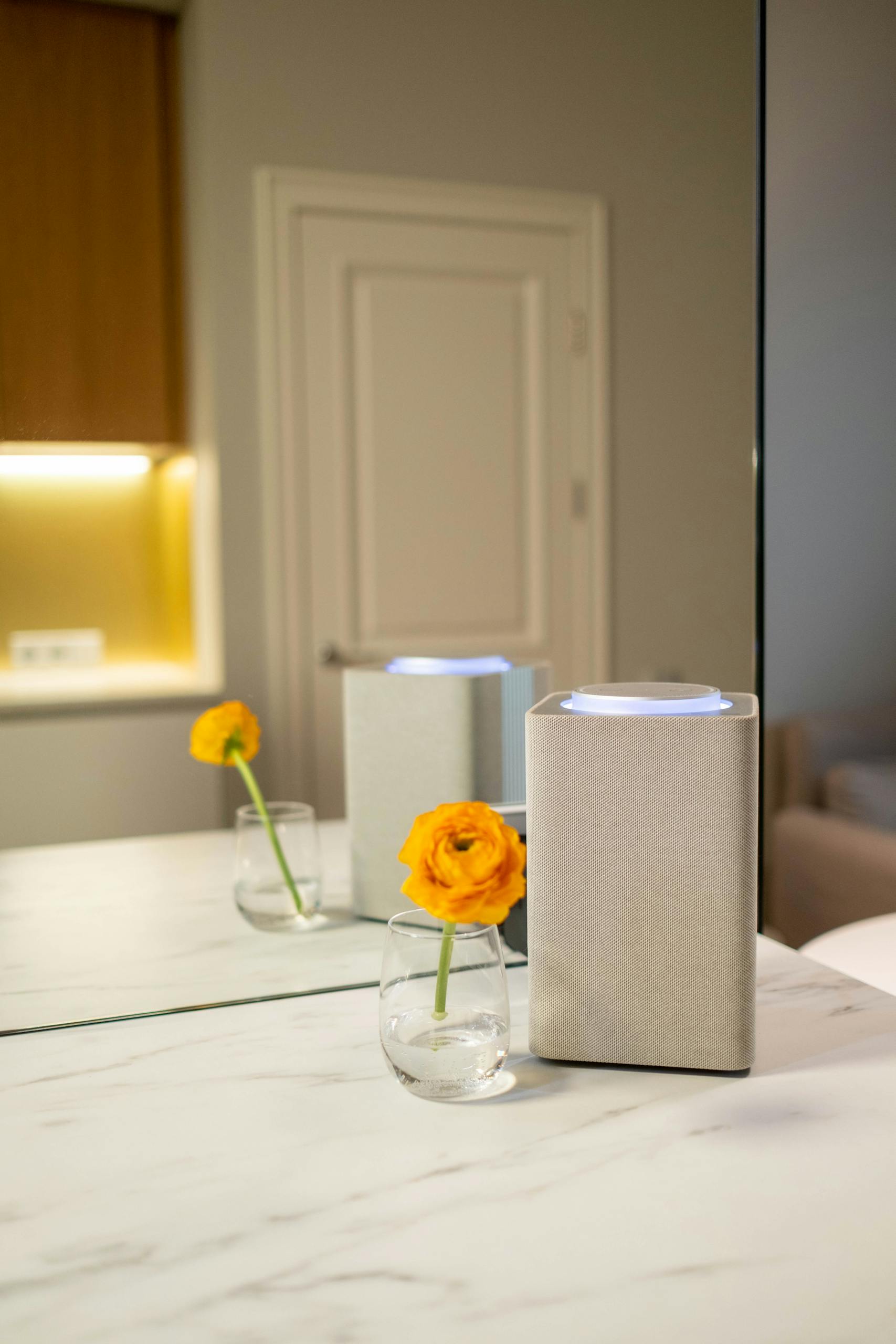 Stylish interior featuring a speaker and an orange flower in a glass vase on a marble surface.